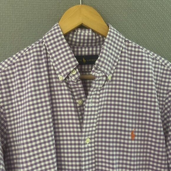Ralph Lauren Medium Long Sleeve‎ Button Front Shirt Purple White Plaid Collared - Picture 3 of 9